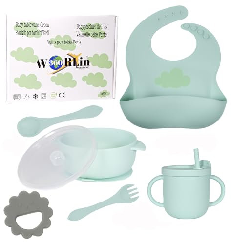 WORLin360. Vajilla para bebe, set cubiertos infantil, perfecto para transportar, silicona libre de BPA, babero, taza, cuenco, cubiertos suaves, mordedor para sus dientes.