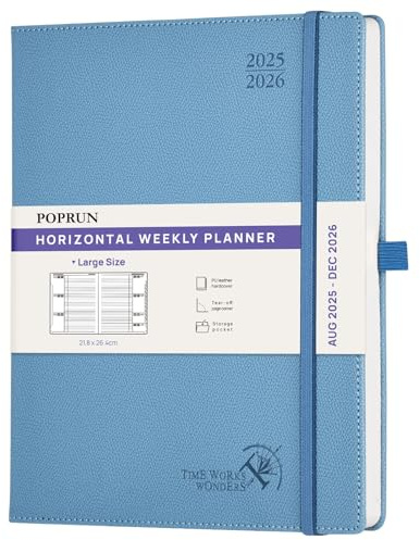 POPRUN Kalender 2025 2026 Horizontale Wochenplaner (Aug.2025-Dez.2026) Hardcover mit PU-Leder, ca. A4 (21.8x26,4 cm), 17-Monate-Terminplaner 1 Woche 2 Seite, Aquamarin