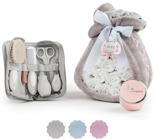 Cadeau de Naissance | Gâteau de Couches avec Kit de Toilette Bébé | Couverture Polaire Personnalisée + Tétine Personnalisée + 15 Couches Moltex | Baby Shower Garçon Fille (Rosa) | BebeDeParis
