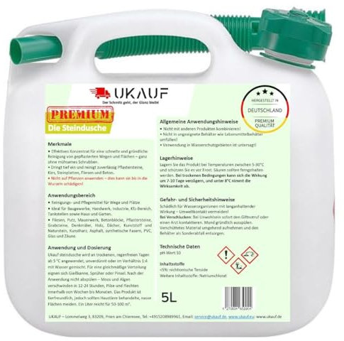 UKAUF Steindusche – 5L Steinreiniger & Grünbelagentferner für bis zu 2000 m², Effektiv für Saubere Wege, Pflastersteine, Kiesel und Steinplatten, Biologisch Abbaubar