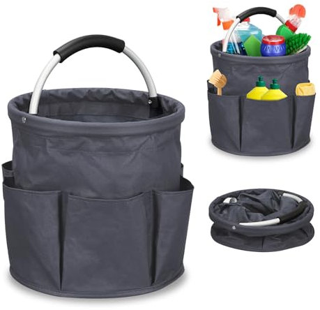 BigKing Borsa Portaoggetti Pieghevole, Secchio per La Pulizia con 6 Tasche Esterne, Cestino Portaoggetti Pulizie Pieghevole in Tessuto Oxford, Accessori Pulizia Casa (Grigio Scuro)