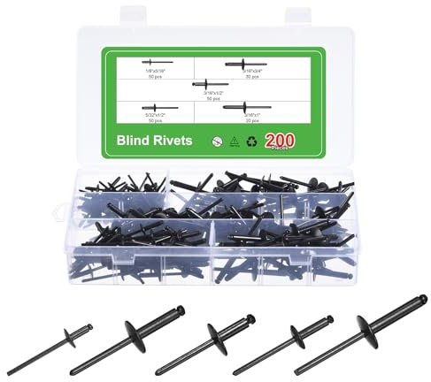 sourcing map 200Pcs 1/8x5/16, 5/32x1/2, 3/16x1/2, 3/16x3/4, 3/16x1 Large Flange Blind Rivets Assortment Kit, Zinc-Plated Carbon Steel Grip and Mandrel Cap Blind Rivets, Black