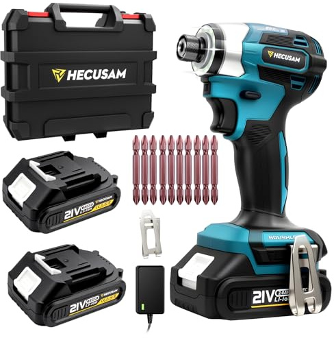 HECUSAM Impact Driver Kit,21V Max Torque 3095 In-lbs(350 N.m) Cordless Impact Driver Set with Two 2.0 Ah Battery, 1/4 Hex Chuck Power Impact Drill, 0-4000 RPM Variable Speed,10Pcs Bits,Toolboxes