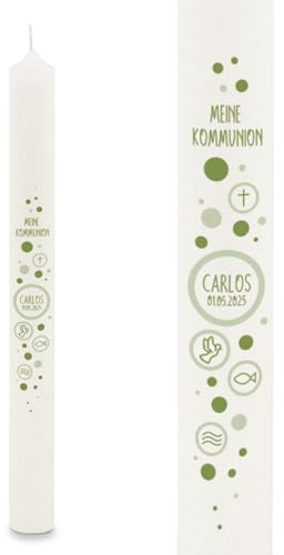 GRAVURZEILE Bedruckte Stabkerze - Kreise - Personalisiert mit Name & Datum - Geschenk zur Taufe, Kommunion oder Konfirmation - Für Jungen & Mädchen - Altarkerze 400/40 mm - Farbe: Grün