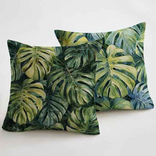 Kissenbezug 50x50 2 Stück Tropisch Outdoor Kissen Wasserfest Sofakissen Outdoorkissen Monstera Leinen Kissenhülle Zierkissenbezüge für Couch Wohnzimmer Schlafzimmer Garten balkon Outdoor Deko JX-280