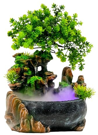 Zimmerbrunnen Wasserfall 20x15x28 cm, Tischbrunnen mit 3 Ausläufen, Kiefer, LED-Beleuchtung und Nebeleffekt, Leise Tauchpumpe, für Dekoration zu Hause, Foyer, Büro