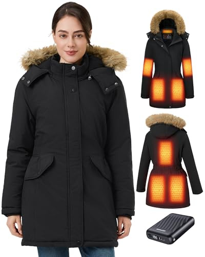 GOTOBI Chaqueta Calefactable Mujer Con Batería De 12V 18400 Mah, 8 Zonas De Calentamiento con 3 Niveles de Temperatura, Chaqueta Cortaviento y Cálido de invierno con Capucha de ExtraíBle,Negro,M