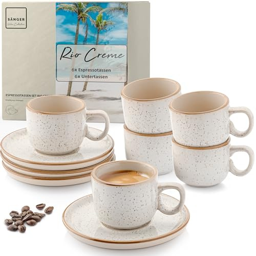 SÄNGER Rio Creme Espressotassen Set 12 teilig, Tassen Set 6 Personen | Espresso- & Mokkatassen, kratz- spülmaschinen- mikrowellenfest, 6xTassen & 6xUntertassen cremefarben 80 ml
