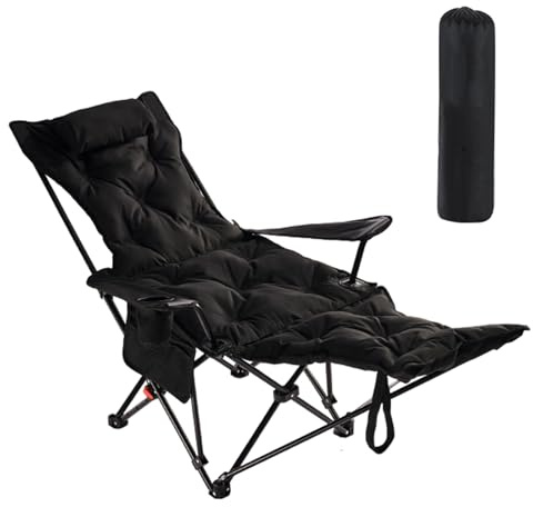 Adjustable Reclining Camping Chair with Removable Footrest & Cup Holder - Foldable Indoor/Outdoor Lounge Chair for Picnic Patio Balcony - 4-Level Backrest (Black)