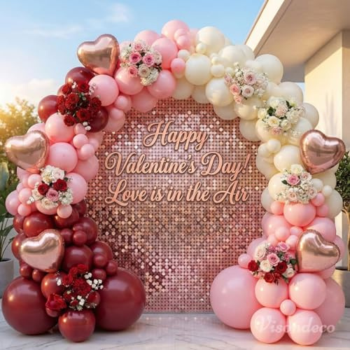 131Pcs Burgundy Red and Pink Mothers Day Balloon Arch Kit with Ivory & Rose Gold Heart Shaped Foil Balloons - Birthday, Proposal, Valentine's Day Decorations, Mother's Day, Wedding, Party Backdrop
