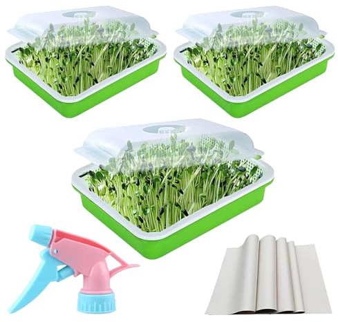 3 ciotole germinali con coperchio, contenitore germinale per erba di grano, gusci germinali per semi, 10 pezzi di carta germinale per piantare semi, gusci germinali con coperchio e ugello per la