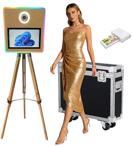 Cabine photo miroir portable avec écran tactile de 15,6, contrôle par application et lumière RVB, appareil photo reflex numérique avec étui de transport pour fêtes de mariage, événements, location