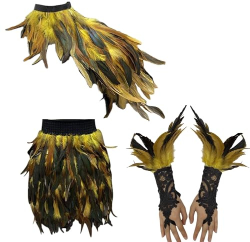 Damen Karnevalskostüm Vier Satz Retro Rock Feder Handschuhe für Schulter Pfau Shawls Klassischer Federrock Party Minirock Pfau Kostüm Festival Outfit Traditionelle Kleidung-faschingskostüme damen