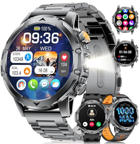 FitVigor Military Smart Watch for Men, 1.53 Fitness Tracker with 1000 mAh Ultra-Long Battery/Flashlight/Bluetooth Calling/Health Monitor / 120+ Sports Modes for iOS Android, Black Orange