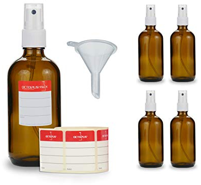 5 x 100 ml Braunglasflaschen mit Fingerzerstäuber, Mini-Trichter + Beschriftungsetiketten, Sprühflaschen mit Lichtschutz, Zerstäuberflaschen mit Pumpsprüher, z.B. für kolloidales Silber oder Parfüm