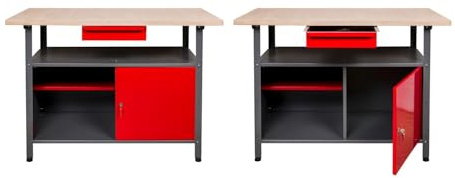 Kreher Werkbank Set 2-teilig Metall, Werktisch 120 x 60 x 85 cm | Je Tisch mit abschließbarer Tür, Schublade, Einlegeboden und Gewindefüßen – solide Werkstatt