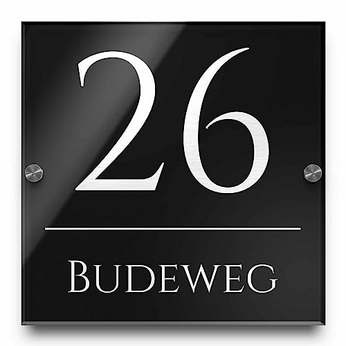 Moderne Hausnummer mit Gravur aus Hochglanz Acrylglas (23x23 cm) - hochwertiges Hausnummernschild schwarz o. anthrazit - wetterfestes Haustür Schild mit Zahlen