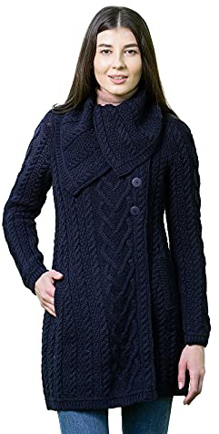 SAOL Cappotto irlandese del cardigan lavorato a maglia classico delle donne della lana merino di 100% con le tasche, Navy, L