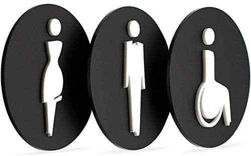 SIGNS - Elegant, Set 3x - Geprägte Toiletten Schild Türen - Türschild WC Damen Herren Behinderten - Toilettenschild Wc Tuerschilder - WC behinderten schild (Prime Runde - Schwarz)