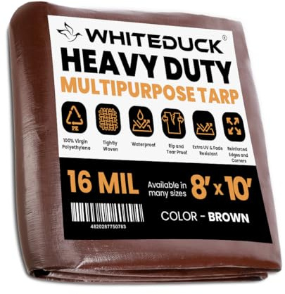 WHITEDUCK 8' x 10' Super Heavy Duty Poly Tarp Thick 16 Mil, Waterproof 100% UV Resistant Rip/Tear Proof Tarp w/Rustproof Grommets & Reinforced Edges (Finished Size: 7'6x9'6)