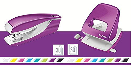 Leitz Büro Locher + Heftgerät, Für 30 Blatt, Anschlagschiene mit Formatvorgaben, Tacker mit 200 Heftklammern, Ergonomisches Design, Violett, WOW-Serie, 50081062 + 55021062