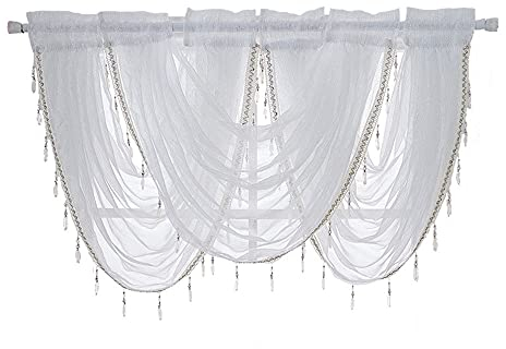 ANCLLO Vorhang, 3 Paneele, weiß, solider Wasserfall-Volant, Fenstervorhang, Leinenstruktur, Stangentasche mit Quaste, Zubehör für Wohn- und Schlafzimmer, 145 x 94 cm