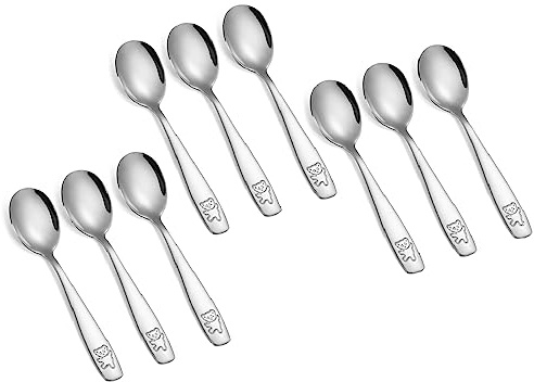 Pimoys 9 Pieces Toddler Spoons Kids Spoons, Kids Silverware Stainless Steel Toddler Utensils Metal Kids Cutlery Set Baby and Children Safe Flatware, Perfect for Small Hands