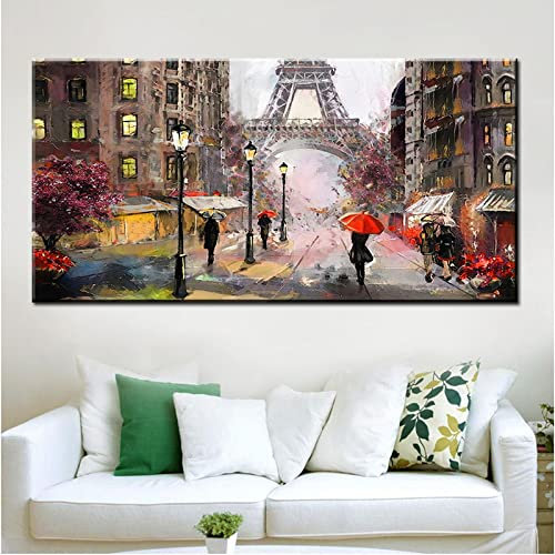 Zhadongli Art Romantische Stadt Fußgänger Wandkunst Paris Eiffelturm Landschaft Abstraktes Ölgemälde auf Leinwand Poster Druck Bild Dekor 80x160cm (31x63in) Rahmenlos