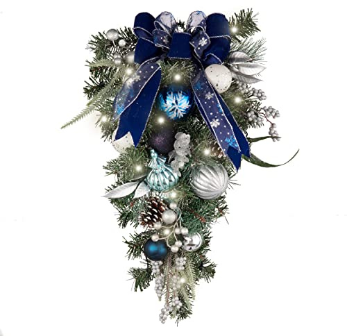 Valery Madelyn Pre-Lit Christmas Teardrop Swag for Decorating Outdoor, 24 Inch Silver Blue Mailbox Swag Decoration with 20 LED Lights, Ball Ornaments for Front Door Stairway Window Shelf Xmas Decor