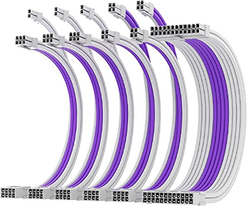 AsiaHorse Aktualisierung 16AWG Sleeved Cable Kit für PC/GPU/CPU, PSU Kabelverlängerung, PC Netzteil Extensions Kabel mit Kabelkämmen,24PIN/(6+2) PIN/(4+4) PIN Kabelmanagment, 30CM, Weiß+Lila