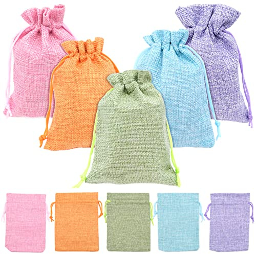Cisolen 20 Pezzi sacchetti di iuta Sacchetti Regalo con Coulisse Sacchi Juta Lino Naturale da Imballaggio per Gioielli Artigianali per Compleanni Matrimoni Feste Regali (5 colori)