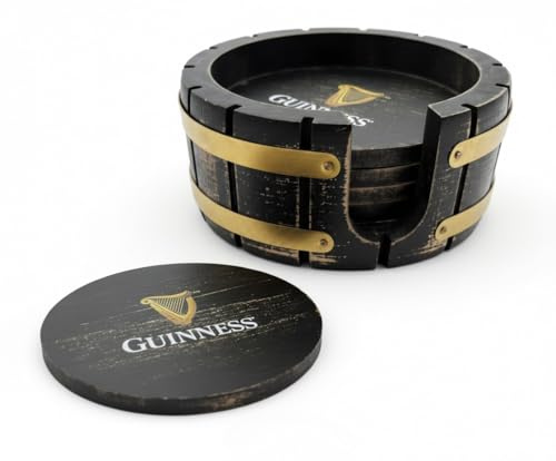 Guinness Untersetzer-Set mit Halter – 4 Stück, Bierfass-Holz-Design, perfekt für Zuhause, Bars und Partys kompatibel