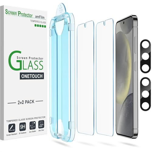 amFilm 2-pack OneTouch-Skärmskydd för Samsung Galaxy S24 5G, Hårdhet 9H med 2 Kameralinsskydd i Härdat glas, Enkel Installation och Bubbelfri