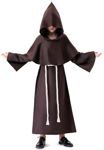 Banchif Costume Halloween Enfant Moine Médiéval avec Collier de Croix, Ceinture - Déguisement Prêtre (Marron, 110)