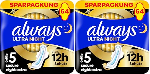 Always Ultra Binden Damen Gr. 5, Secure Night Extra, 64 Damenbinden mit Flügeln (4 x 16 Stück) Multipack, dünn und super saugfähig, geruchsneutralisierend und Auslaufschutz (Packung mit 2)