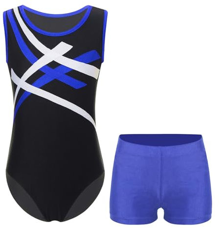 Jowowha Kinder Ballettanzug Jungen Gymnastikanzug Turnanzug Ärmellos Body mit Shorts Ballett Trikot Leotard Sportbody Overall Gym Sportwear Blau 146-152