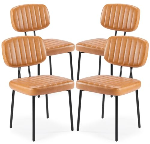 Sweetcrispy Dining Chairs Set of 4, Upholstered Mid Century Modern Kitchen Accent Chairs with Faux Leather Cushion Seat & Metal Legs for Home Office, Living Room - Brown