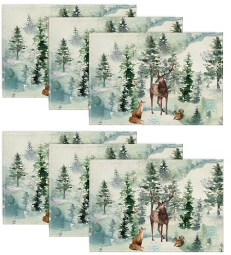 Artoid Mode Bäume Schneeflocken Fuchs Rentier Weihnachten Platzsets 6er Set, 30x45cm Winter Tischset Waschbar Platzdeckchen Küche Party Deko