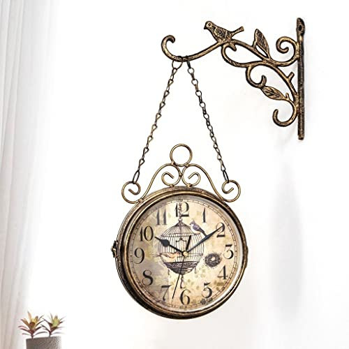 XXAezr Orosogi da Muro Orologi da parete bifacciali, orologio stile vintage in metallo alimentato Orologio da parete con stazione circolare antica for casa Orologio a Parete