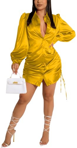Damen Sexy Button-Down-Shirt, lockerer Kragen, lange Ärmel, gerüscht, Seidentuch, Nacht-Out-Club, Mini-Wickelkleid mit Kordelzug, gelb, Klein