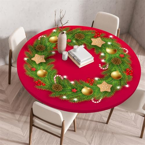 Chickwin Weihnachten Runde Tischdecke mit Gummiband, Weihnachten Girlande Rebe Muster Outdoor Tischdecke, Abwaschbar Wasserdicht Anti-Rutsch Party Gartentischdecke (120cm,Kranz 3)
