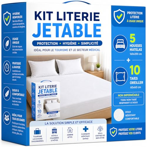 Kit Literie Jetable – 5 Housses Matelas 160x200 cm et 10 Taies Oreiller 60x60 cm – Non Imperméable - Protection Literie - Drap Housse à Usage Unique – Tourisme et Médical