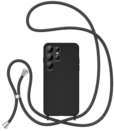 UEEBAI Crossbody Lanyard Phone case for Samsung Galaxy S25 Ultra 5G, Silicone Liquid Phone Cover Necklace Cord Strap Soft Shockproof Protective Case - Black