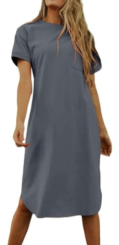 Imily Bela - Abito estivo da donna a maniche corte con t-shirt, vestito casual in cotone con scollo tondo, mini prendisole con tasche, grigio, M