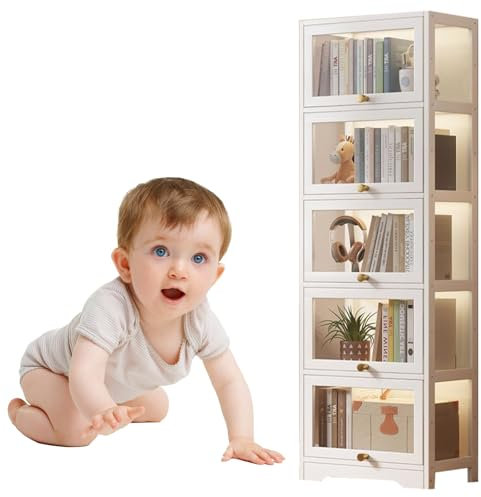 Dnowegas Weiße 5 Schichten 40 x 33 x 172 cm Glasvitrine Sammlervitrine mit natürlicher Bambusrahmen, Multifunktional und praktisch, leicht zu reinigen, für Büro und Heimgebrauch