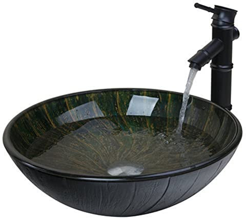 QUSYZD Badezimmerwaschbecken, rund, 42,3 cm, Glaswaschbecken-Set, schwarzer Wasserhahn + Badezimmerwaschbecken, handbemaltes Glaswaschbecken, Aufsatzwaschbecken, Badezimmerwaschbecke,