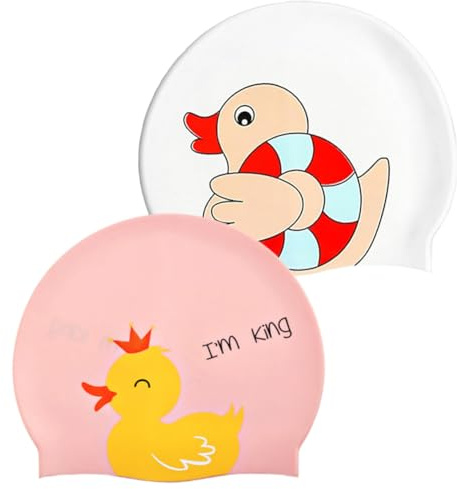 2 Piezas Gorro Natación Silicona,Gorro de Baño Impermeable Antideslizante, 4 a 12 Años Gorro de Baño Piscina, para Niños Niñas Pelo Largo y Corto (Blanco y Rosa)
