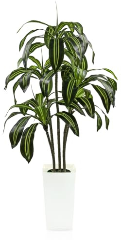 GOVIRAYE 150 cm Künstlicher Drachenbaum im weißen Topf – realistische Zimmerpflanze wie echt, wetterfest & pflegeleicht, Kunstpflanze für Wohnzimmer, Büro, Balkon, Moderne Deko oder Geschenk