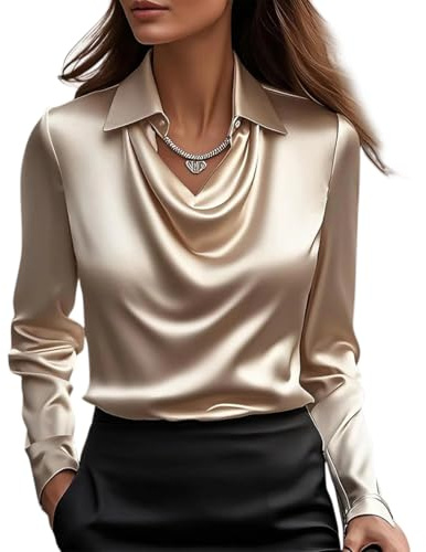 Onsoyours Chemisier Femme Satin à Col en V Manches Longues Chemise Chic et Élégante Casual Soie Shirts Tops A Champagne M