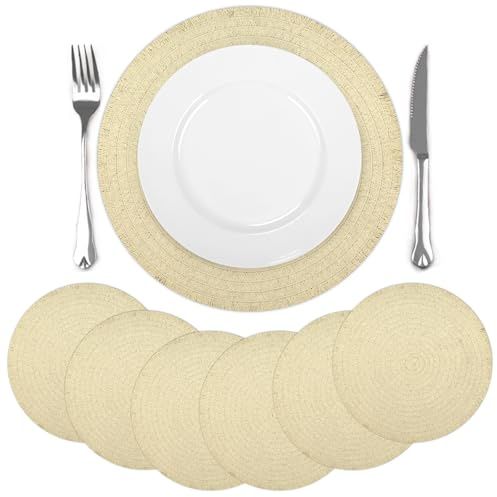 comfoyar Set di 6 Tovagliette Americane Beige Rotondo Intrecciato, Antiscivolo in Carta Tovagliette Americane con Nappina Corta Resistente al Calore per Cucina Decorazione, Tavola di Feste 38x38cm